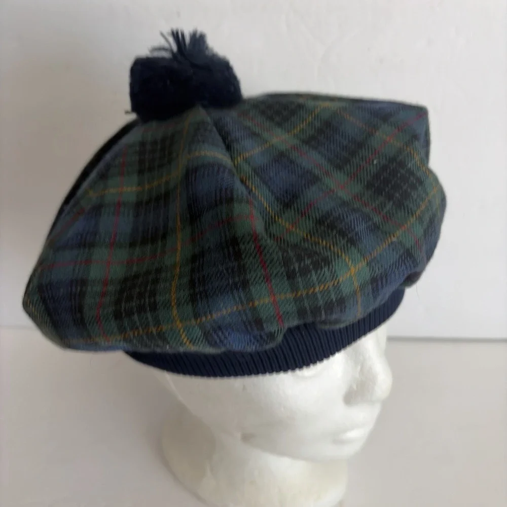 James Pringle Weavers Hat Beret OS Green Stewart Tartan Pure New Wool Scotland